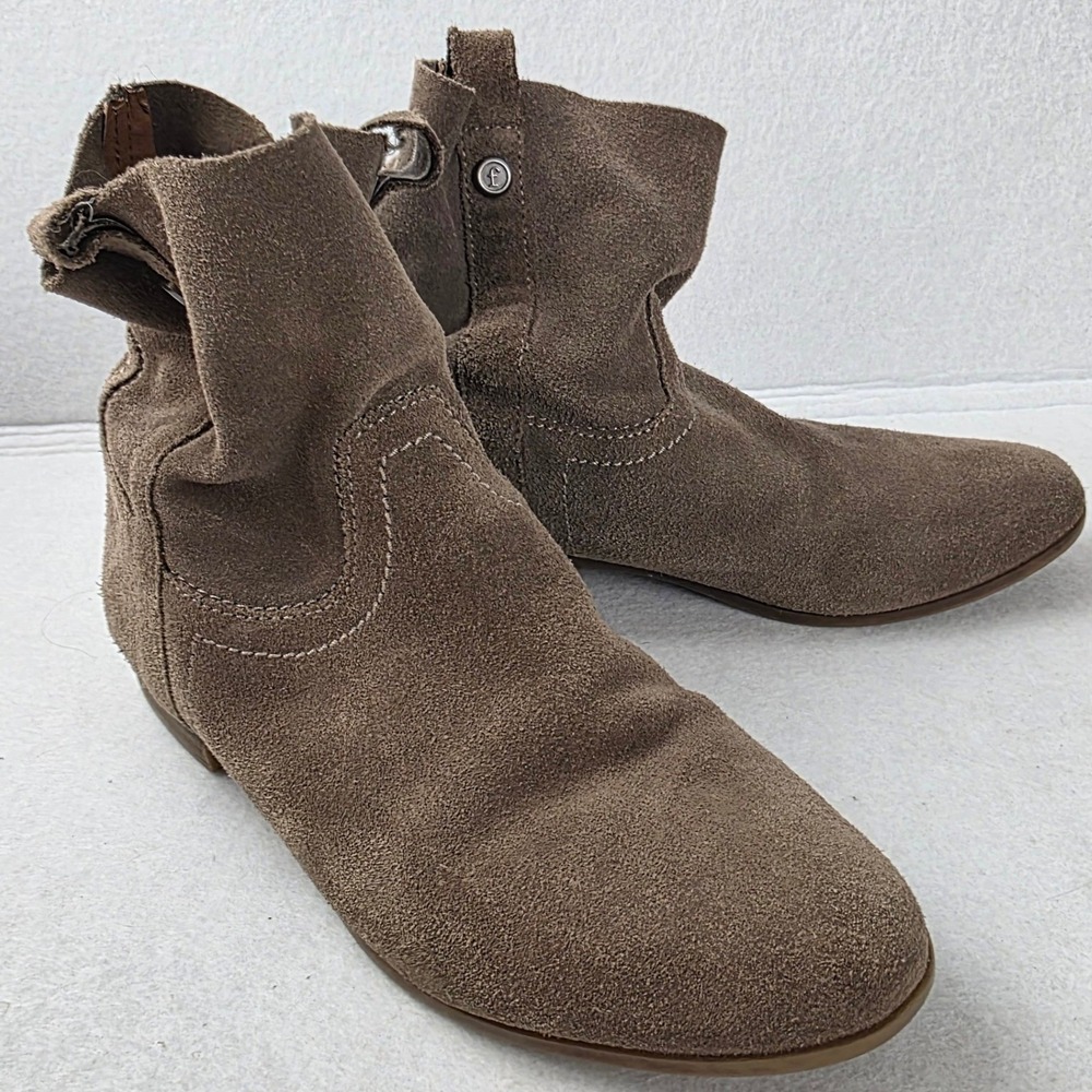 Frye & Co Women's Suede Ankle Booties Taupe Fold Over Snap Size 10M Repaired